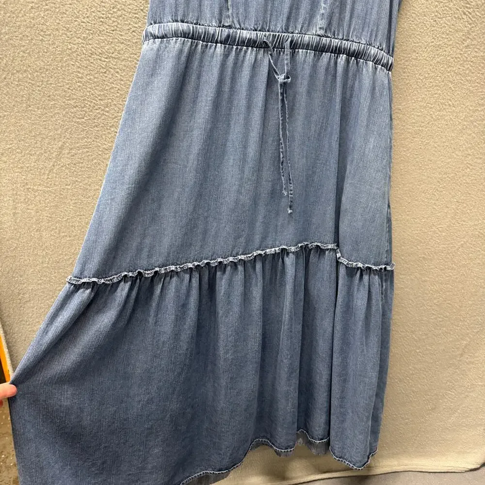 Lands End Tiered Dress Blue Chambray V-Neck Coastal Midi + Pockets Womens Medium - Picture 8 of 11